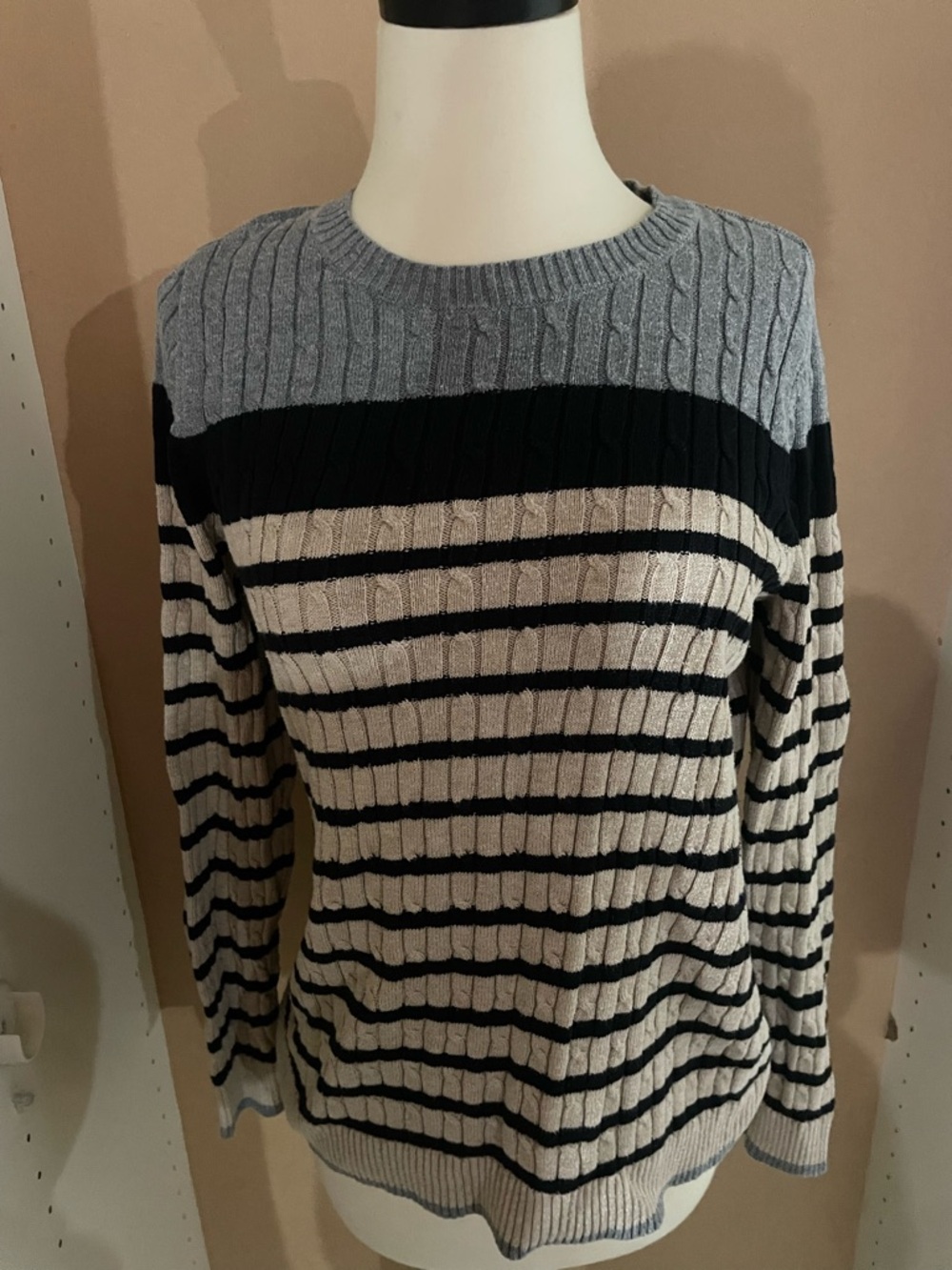 croft & barrow Black, Gray & Cream Striped Cable-Knit Crewneck Sweater